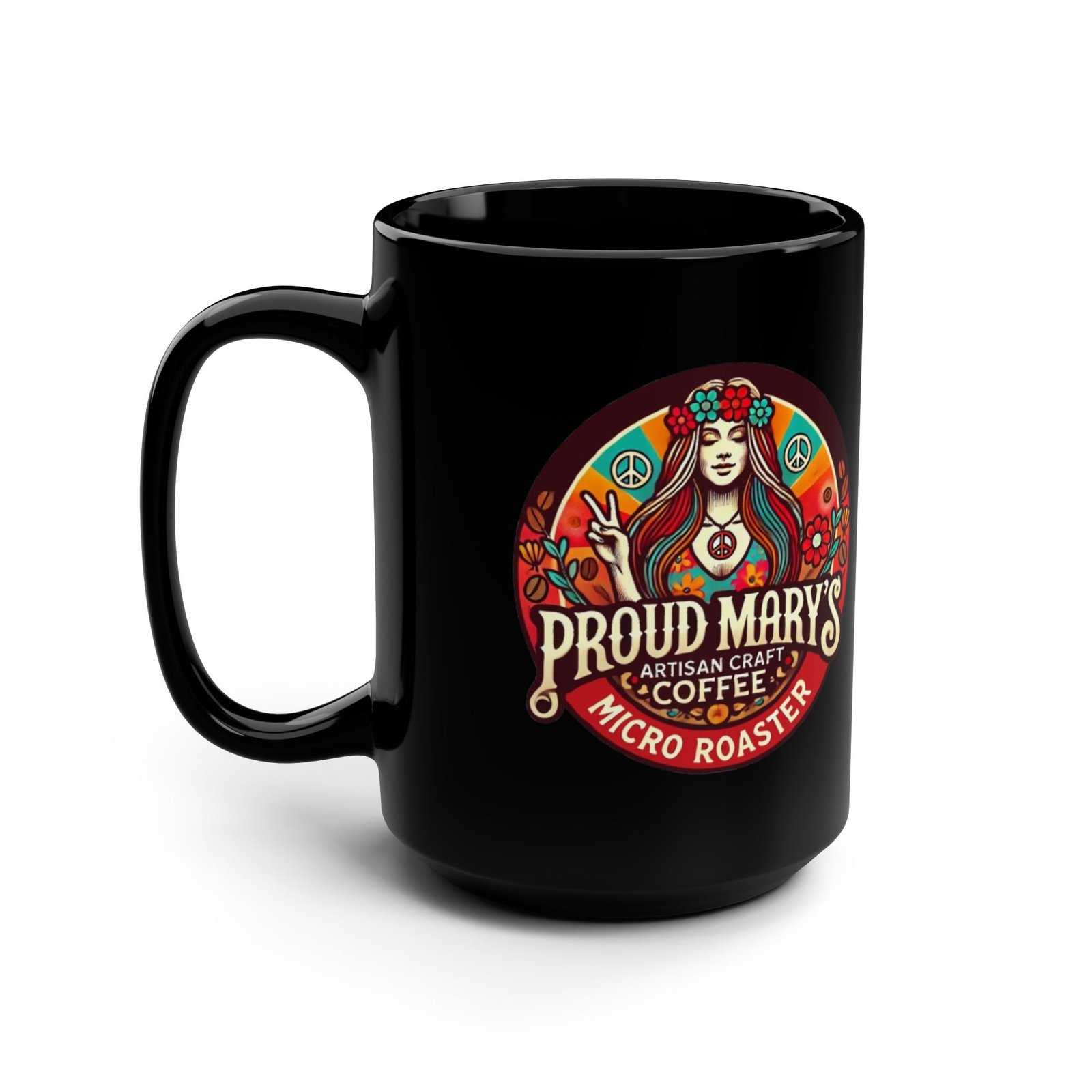 Mary's Coffee Roaster Black Mug - 15oz Righ Hand Ceramic Coffee Cup